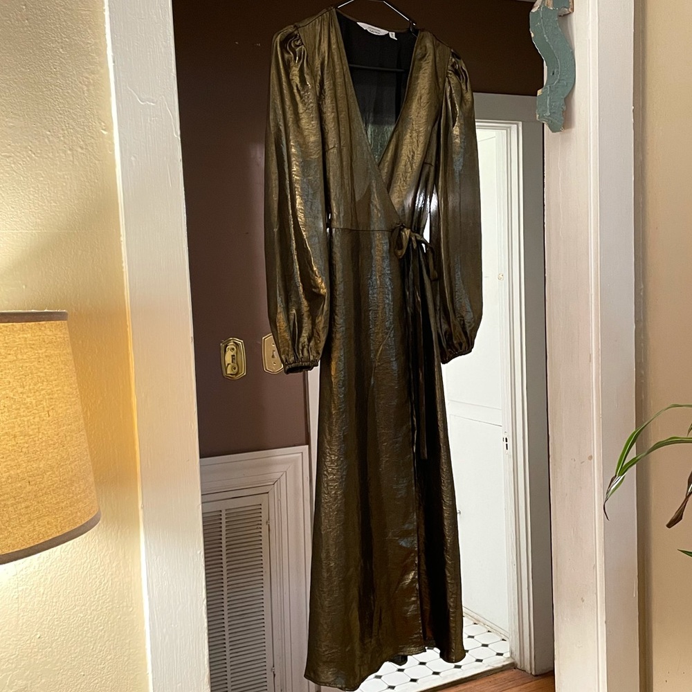 Metallic Satin Wrap Midi Dress